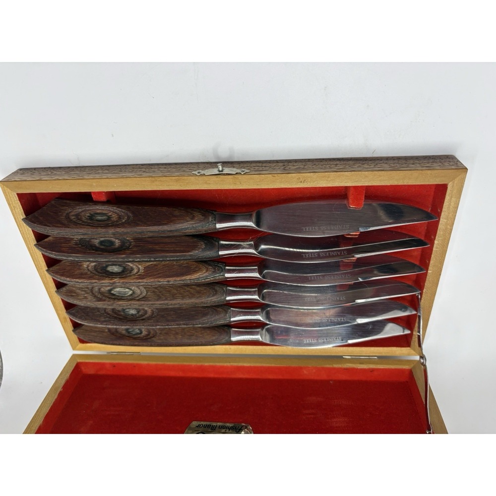 Vintage Fashion Manor Japan Stainless Steel Steak Knives Set of 6 Wood Case